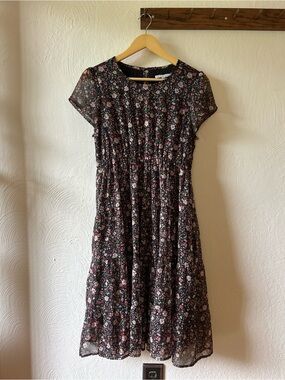 Black Floral Short-Sleeve Mini Dress with Pink Accents